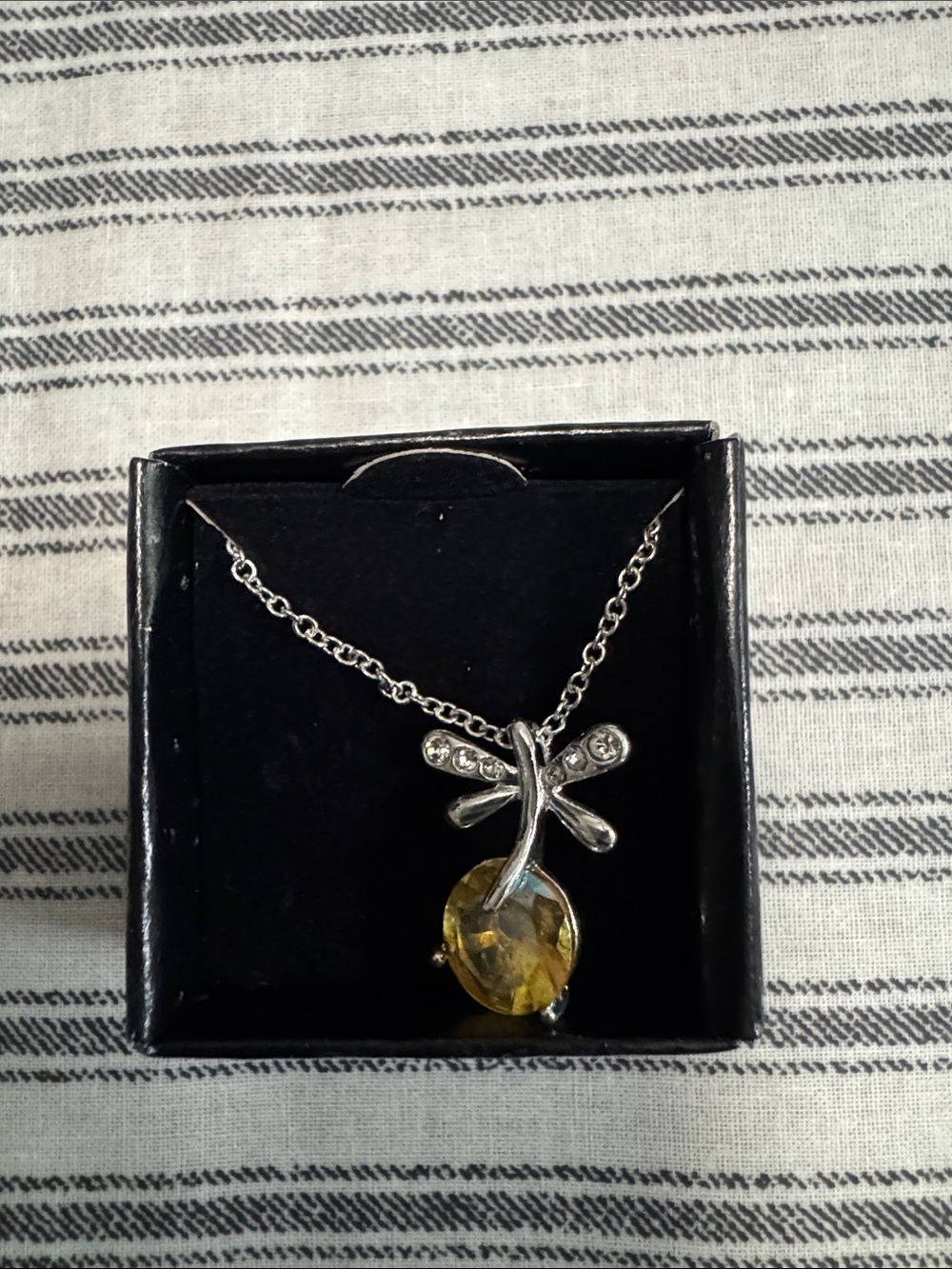 Silver Dragonfly Pendant Necklace with Yellow Gemstone